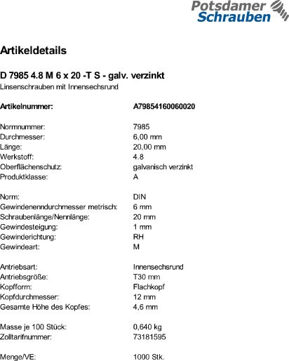 1000 Torx Linsenkopfschrauben DIN 7985 4.8 verzinkt TX M6x20