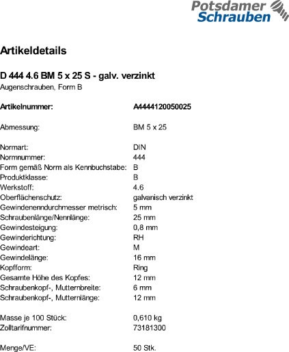 50 Augenschrauben DIN 444 4.6 verzinkt BM5x25