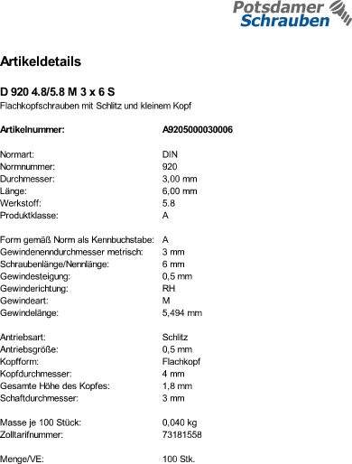 100 Flachkopfschrauben DIN 920 4.8 / 5.8 M3x6 Stahl