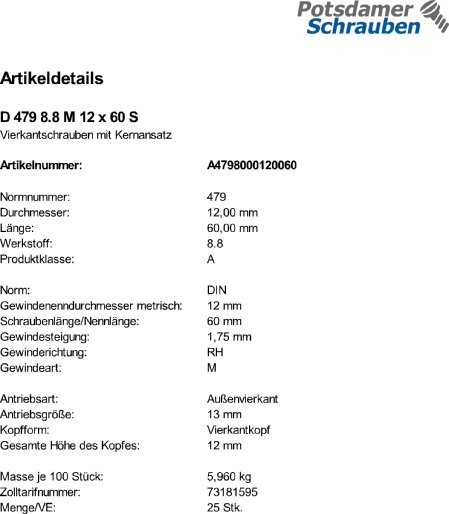 25 Vierkantschrauben DIN 479 8.8 Stahl M12x60