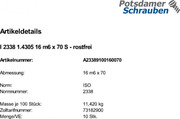 10 Edelstahl A1 Zylinderstifte ISO 2338 1.4305 16 m6 x 70