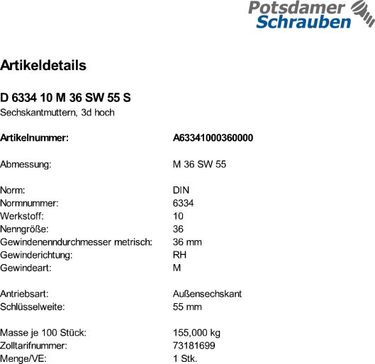 1 Sechskantmuttern DIN 6334 10 M36 SW 55 Stahl