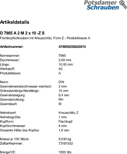 1000 Edelstahl V2A Kreuzschlitz Linsenschrauben DIN 7985 A2 -Z M2x10