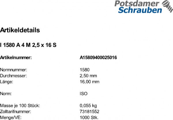 1000 Flachkopfschrauben ISO 1580 A4 M2,5x16 V4A Edelstahl