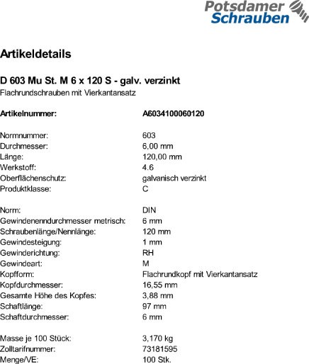 100 Schloßschrauben + Mutter DIN 603 verzinkt M6x120