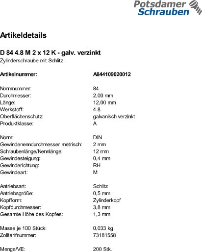 200 Schlitz Zylinderschrauben DIN 84 4.8 verzinkt M2x12