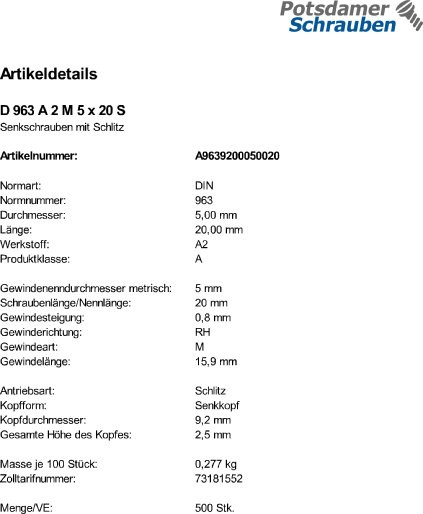 500 Edelstahl V2A Schlitz Senkschrauben DIN 963 A2 M5x20