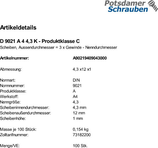 100 Edelstahl V4A Unterlegscheiben DIN 9021 A4 4,3 mm Ø M4