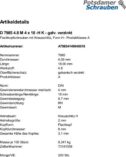 200 Kreuzschlitz Linsenschrauben DIN 7985 4.8 verzinkt -H M4x18