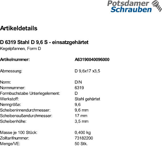 50 Kegelpfannen DIN 6319 Stahl D 9,6 einsatzgehärtet