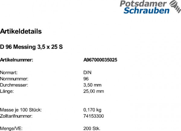 200 Halbrundkopf Holzschrauben DIN 96 Messing 3,5x25