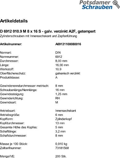 200 Innensechskant Zylinderschrauben niedrig DIN 6912 10.9 verzinkt M8x16