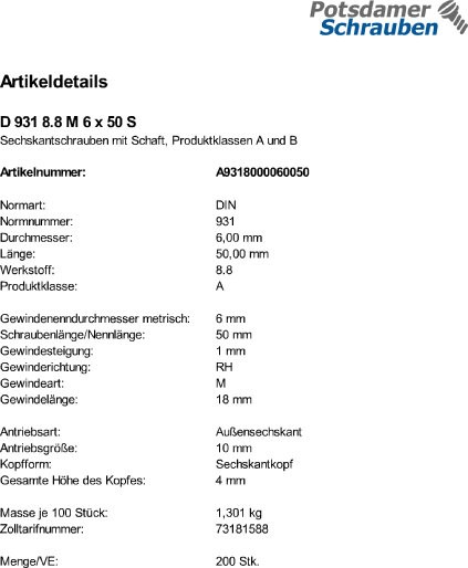 200 Sechskantschrauben DIN 931 8.8 schwarz M6x50