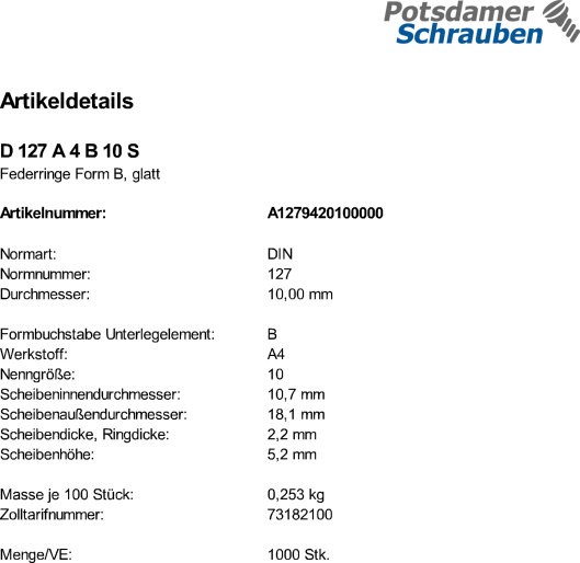 1000 Edelstahl V4A Federringe DIN 127 A4 Form B M10