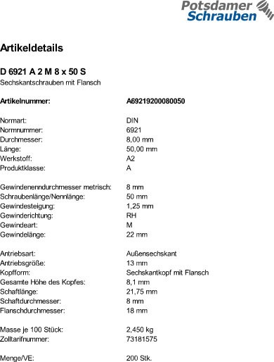 200 Edelstahl V2A Sechskant Flanschschrauben DIN 6921 A2 M8x50