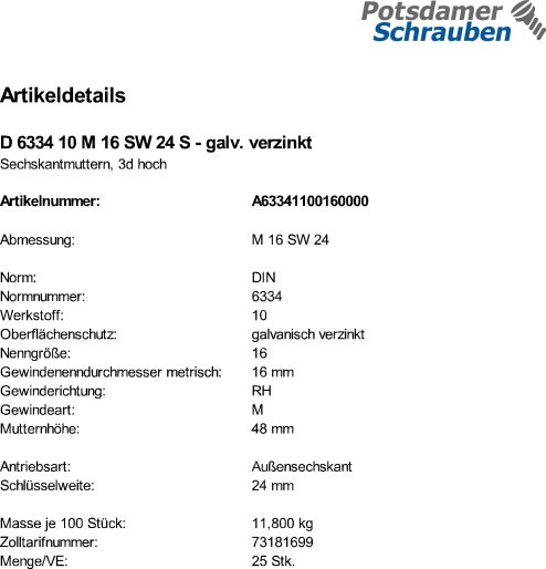 25 Sechskantmuttern DIN 6334 10 M16 SW 24 verzinkt Stahl