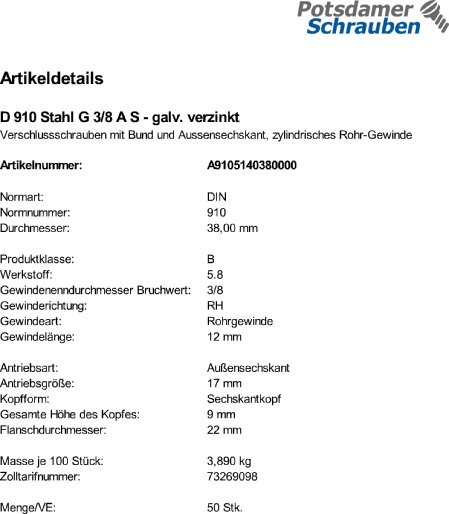 50 Verschlussschrauben DIN 910 Stahl G 3/8 A verzinkt