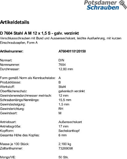 50 Verschlußschrauben mit Bund DIN 7604 Stahl A M12x1,5 verzinkt