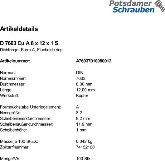 100 Kupfer Dichtringe DIN 7603 Form A 8x12x1