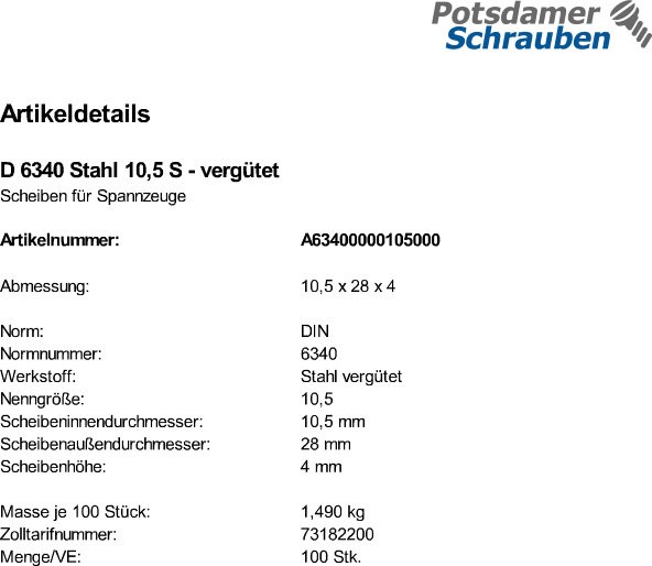100 Scheiben DIN 6340 Stahl 10,5 vergütet
