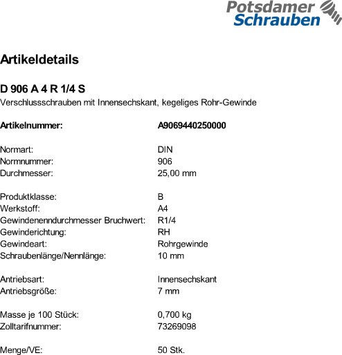 50 Verschlußschrauben DIN 906 A4 R 1/4 V4A Edelstahl