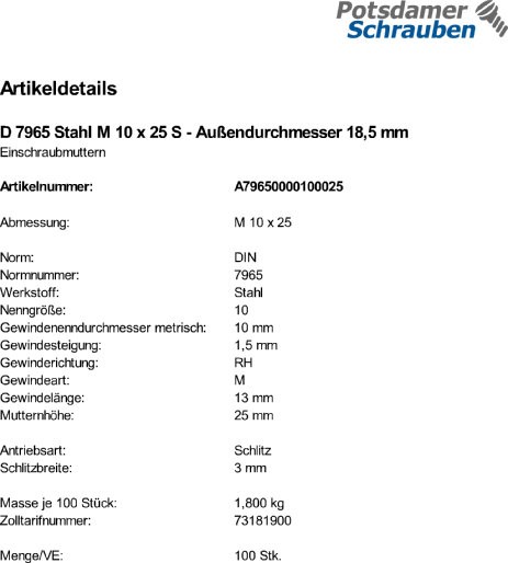 100 Einschraubmuttern DIN 7965 Stahl M10x25 Außendurchmesser 18,5 mm