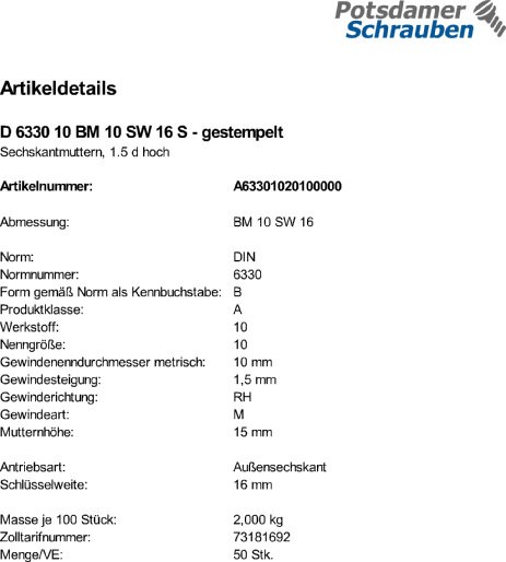 50 Sechskantmuttern DIN 6330 10 BM10 SW 16 gestempelt Stahl