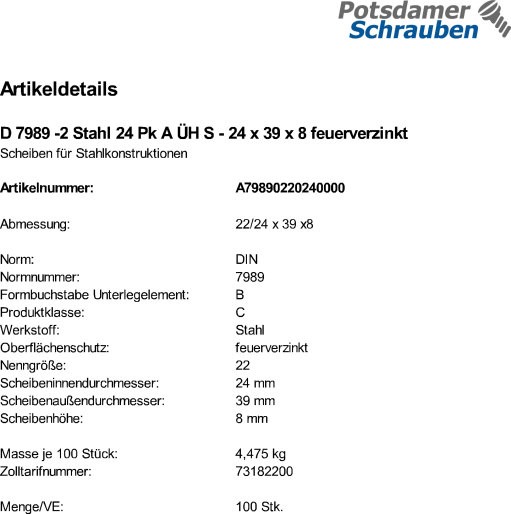 100 Scheiben DIN 7989 -2 feuerverzinkt 24 Pk A ÜH 24x39x8