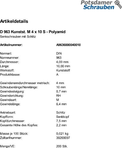 200 Schlitz Senkschrauben DIN 963 Polyamid M4x10