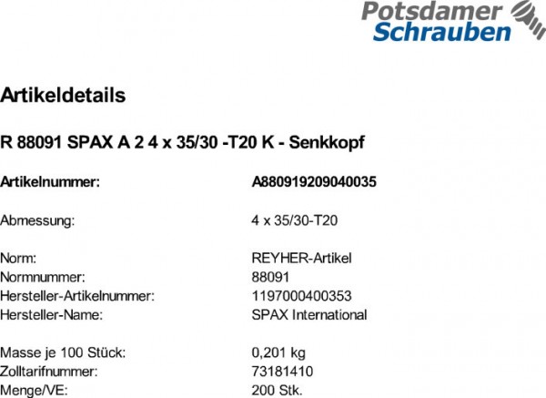 200 SPAX Edelstahl V2A Senkkopfschrauben A2 TX 4x35 /30 TORX