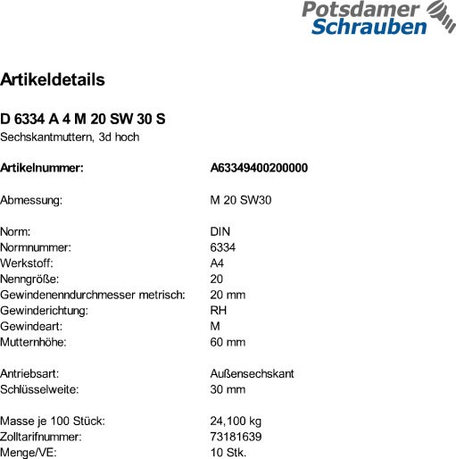 10 Sechskantmuttern DIN 6334 A4 M20 SW 30 V4A Edelstahl