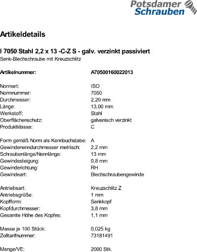 2000 Senkkopf Blechschrauben ISO 7050 verzinkt 2,2x13 -C-Z