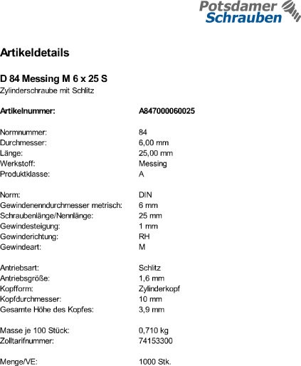 1000 Schlitz Zylinderschrauben DIN 84 Messing M6x25