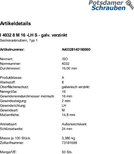 50 Linksgewinde Sechskantmuttern ISO 4032 Kl. 8 verzinkt M16