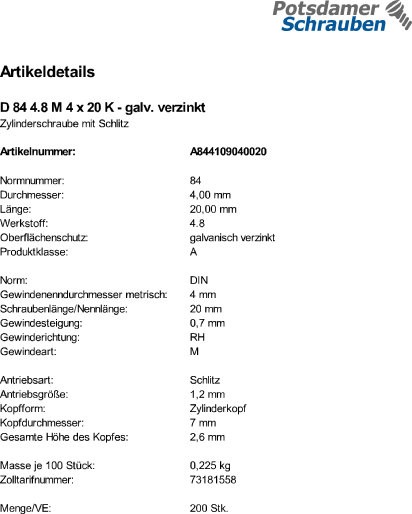 200 Schlitz Zylinderschrauben DIN 84 4.8 verzinkt M4x20
