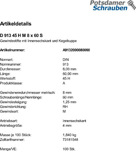 100 Inbus Gewindestifte DIN 913 45H schwarz M8x60