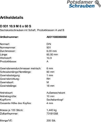 200 Sechskantschrauben DIN 931 10.9 schwarz M6x60