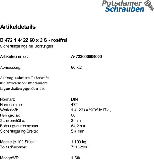 1 Edelstahl Sicherungsringe DIN 472 1.4122 60x2