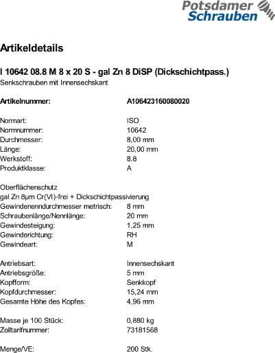 200 Innensechskant Senkkopfschrauben eh. DIN 7991 8.8 M8x20 8 DiSP