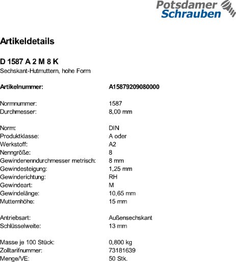 50 Edelstahl V2A Hutmuttern DIN 1587 A2 M8