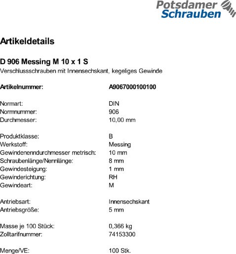 100 Verschlußschrauben DIN 906 Messing M10x1 Ms