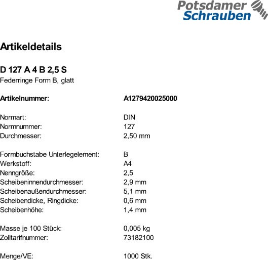 1000 Edelstahl V4A Federringe DIN 127 A4 Form B M2,5