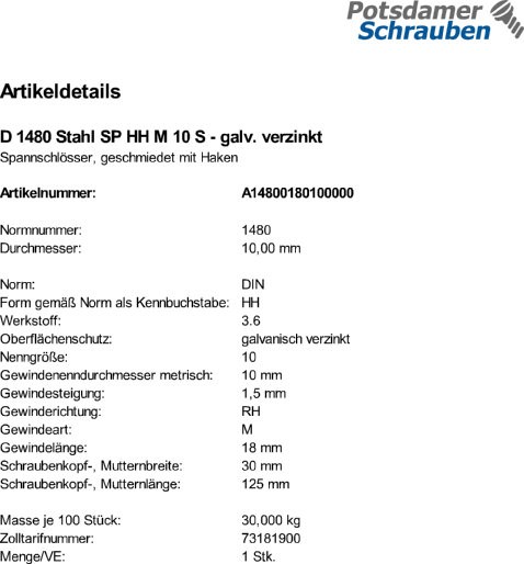 1 Spannschlossmuttern DIN 1480 Stahl SP HH M10 verzinkt