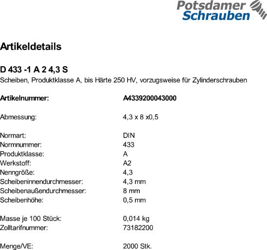 2000 Edelstahl V2A Scheiben DIN 433 -1 A2 4,3