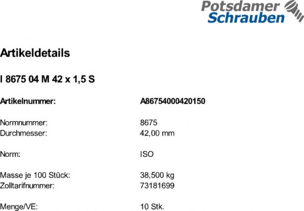 10 Sechskantmutter mit Fasen ISO 8675 04 M42x1,5 Stahl