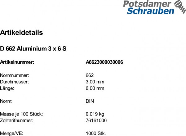 1000 Aluminium Linsennieten DIN 662 AL M3x6