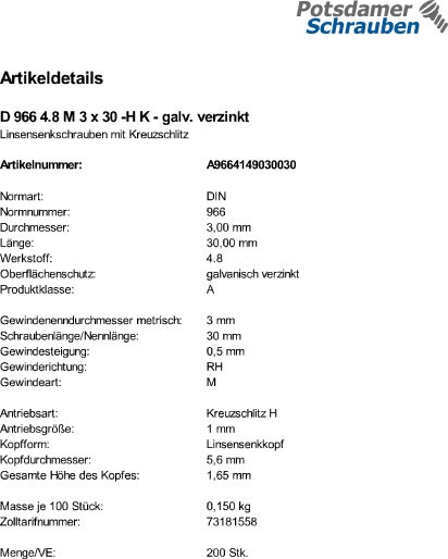 200 Linsensenkschrauben DIN 966 4.8 -H verzinkt M3x30