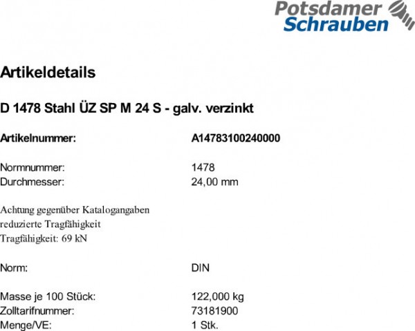 1 Spannschloßmuttern DIN 1478 Stahl ÃZ SP M24 verzinkt