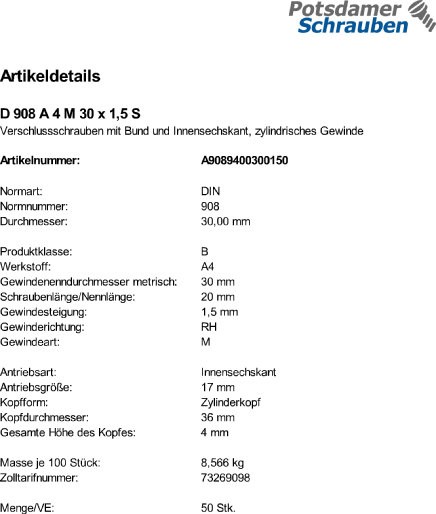 50 Verschlußschrauben DIN 908 A4 M30x1,5 V4A Edelstahl
