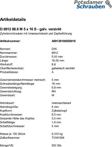 500 Innensechskant Zylinderschrauben niedrig DIN 6912 8.8 verzinkt M5x16